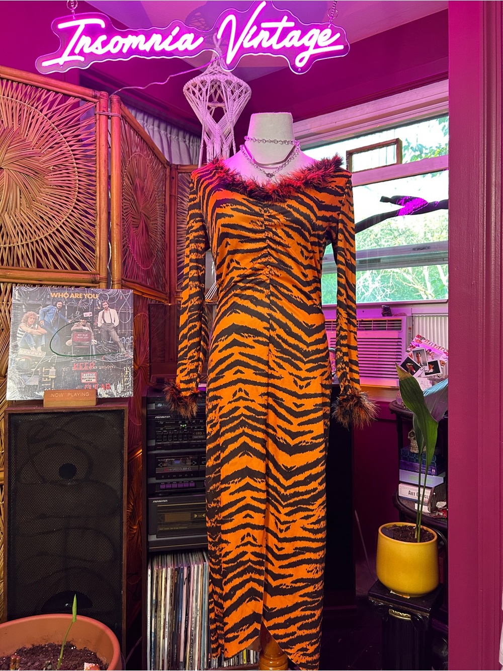 Vintage 70s Orange and Black Tiger-Stripe Midi Dress with Feather Trim